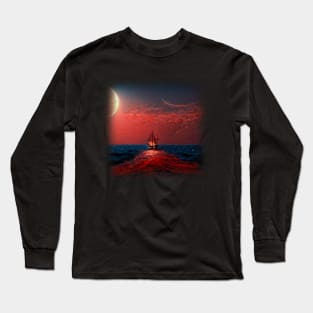 Sailing Ship In Red Glowing Ocean Long Sleeve T-Shirt